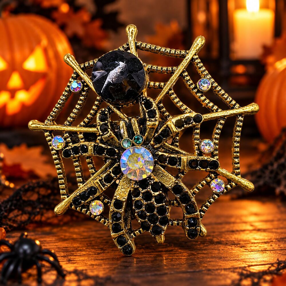 New Halloween Gothic Spider Web Rhinestone Brooch Pin